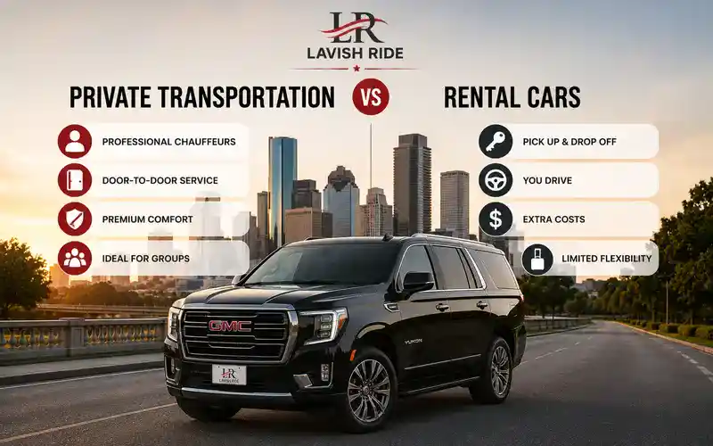 Black GMC Yukon comparing private transportation and rental cars, highlighting chauffeur service, convenience, comfort, and stress-free long-distance travel from Houston.